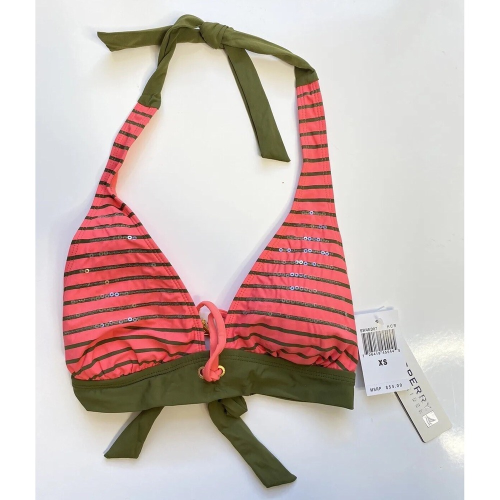 NEW SPERRY Top-Sider SW4ED87 Pink Green Stripe Halter Bathing Suit Bikini Top XS